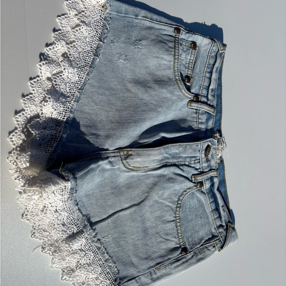 Free People Light Blue Jean Shorts with White Lace